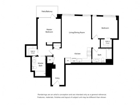 Floor plan for 2 beds, 2 baths, 1062 sqft